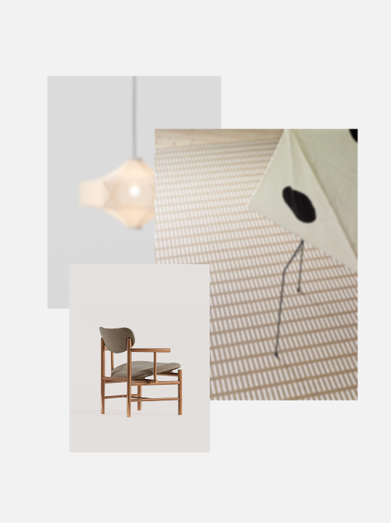A moodboard of a pendant lamp, a woven textile, and an armchair.