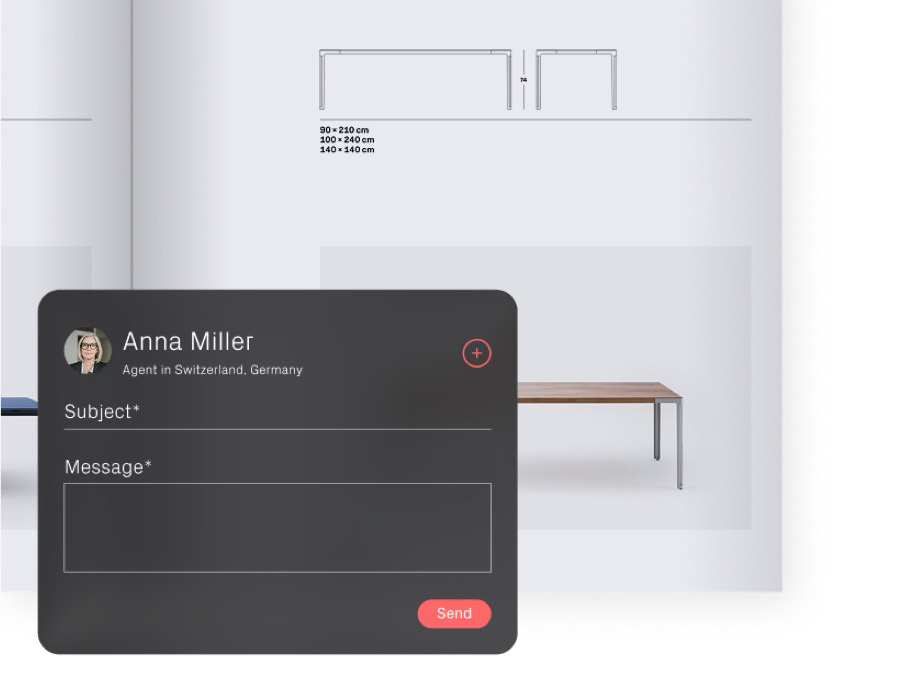 A contact card for design agent Anna Miller, over a catalog page showing table dimensions.