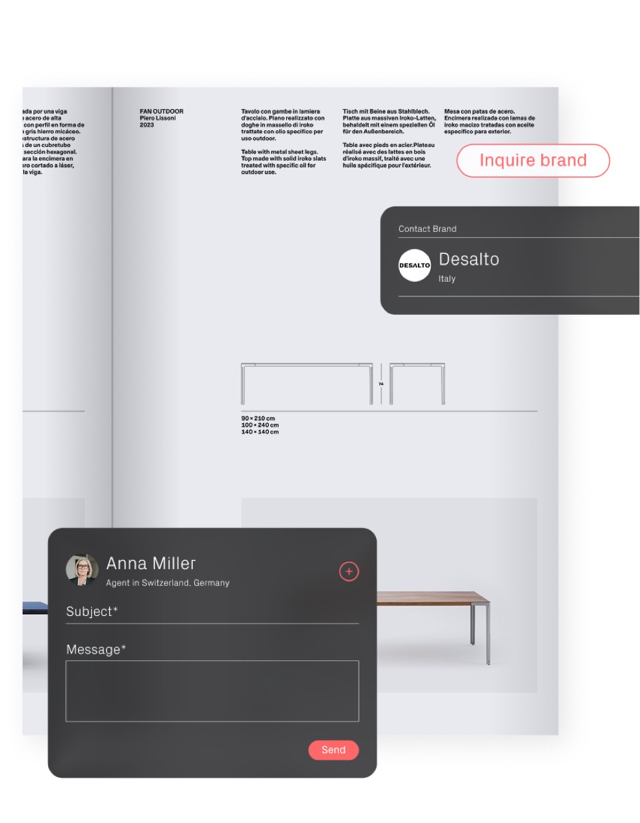 The Designcatalogs contact-brand card, inquiring about a Desalto product page.