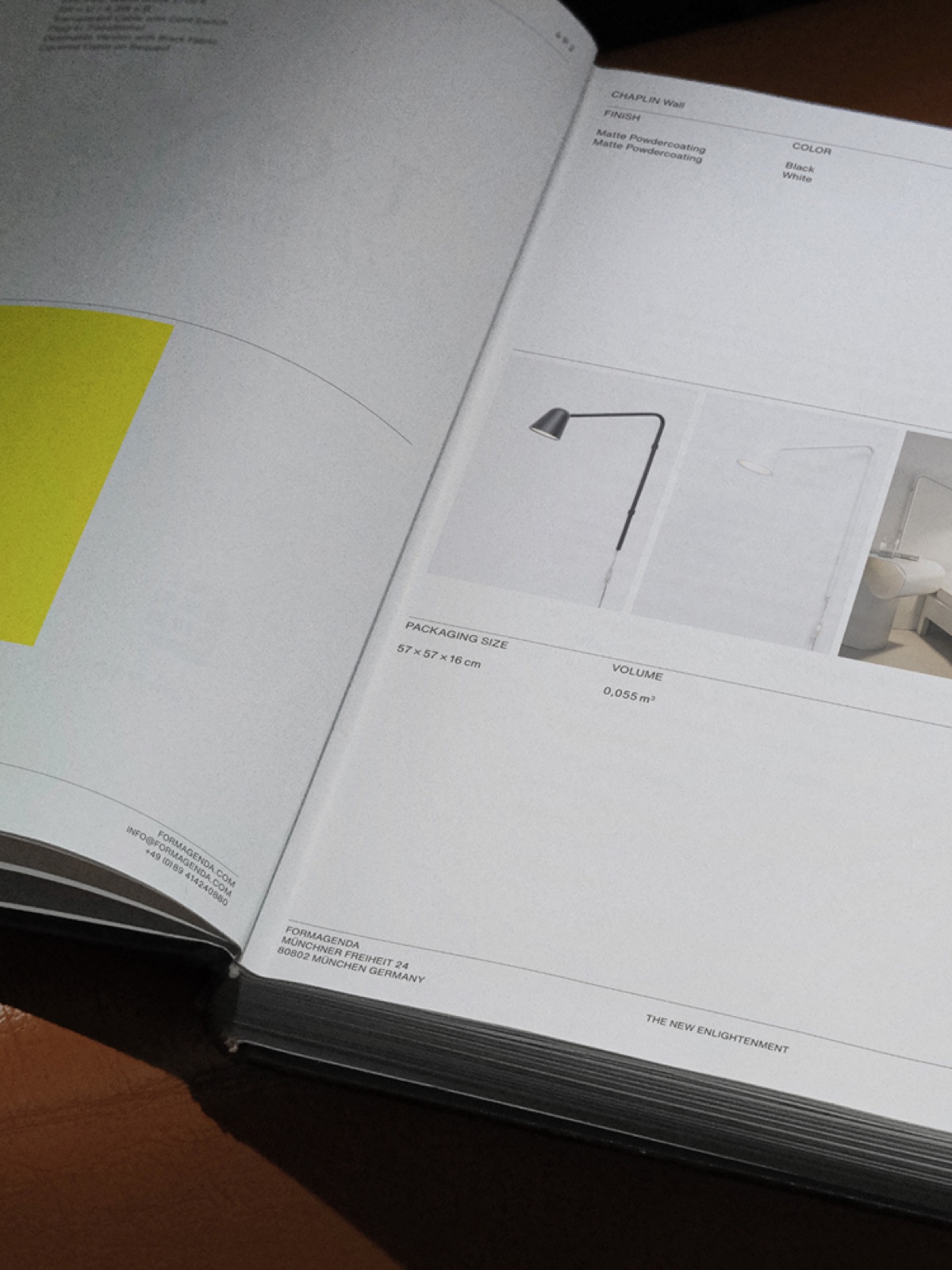 A Formagenda catalog open to a lamp's spec page.