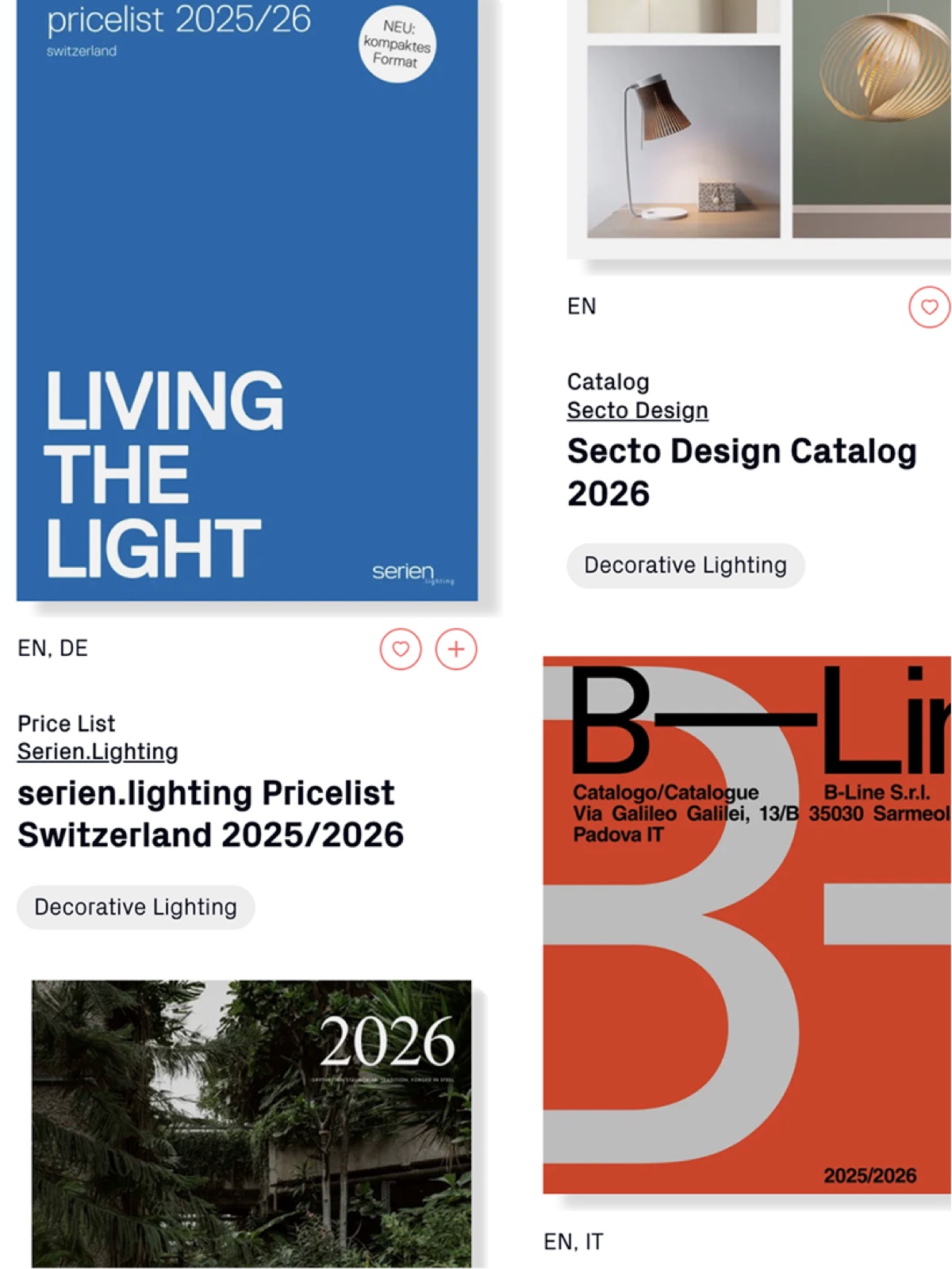 A grid of catalog cards from serien.lighting, Secto Design and B-Line.