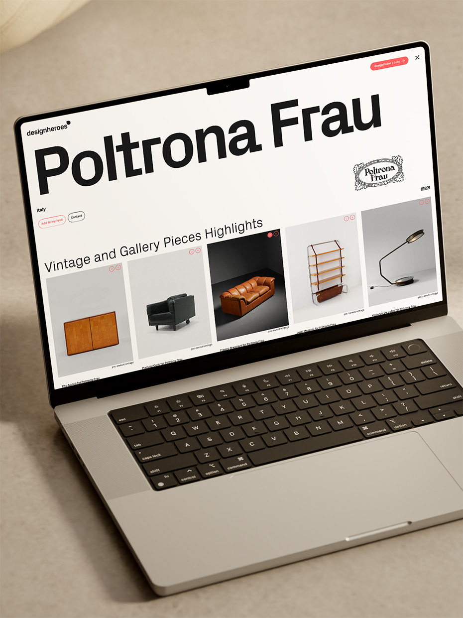 A laptop showing a Poltrona Frau brand page on Designheroes.