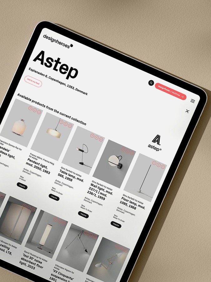 An Astep brand page on Designheroes, shown on a tilted iPad.