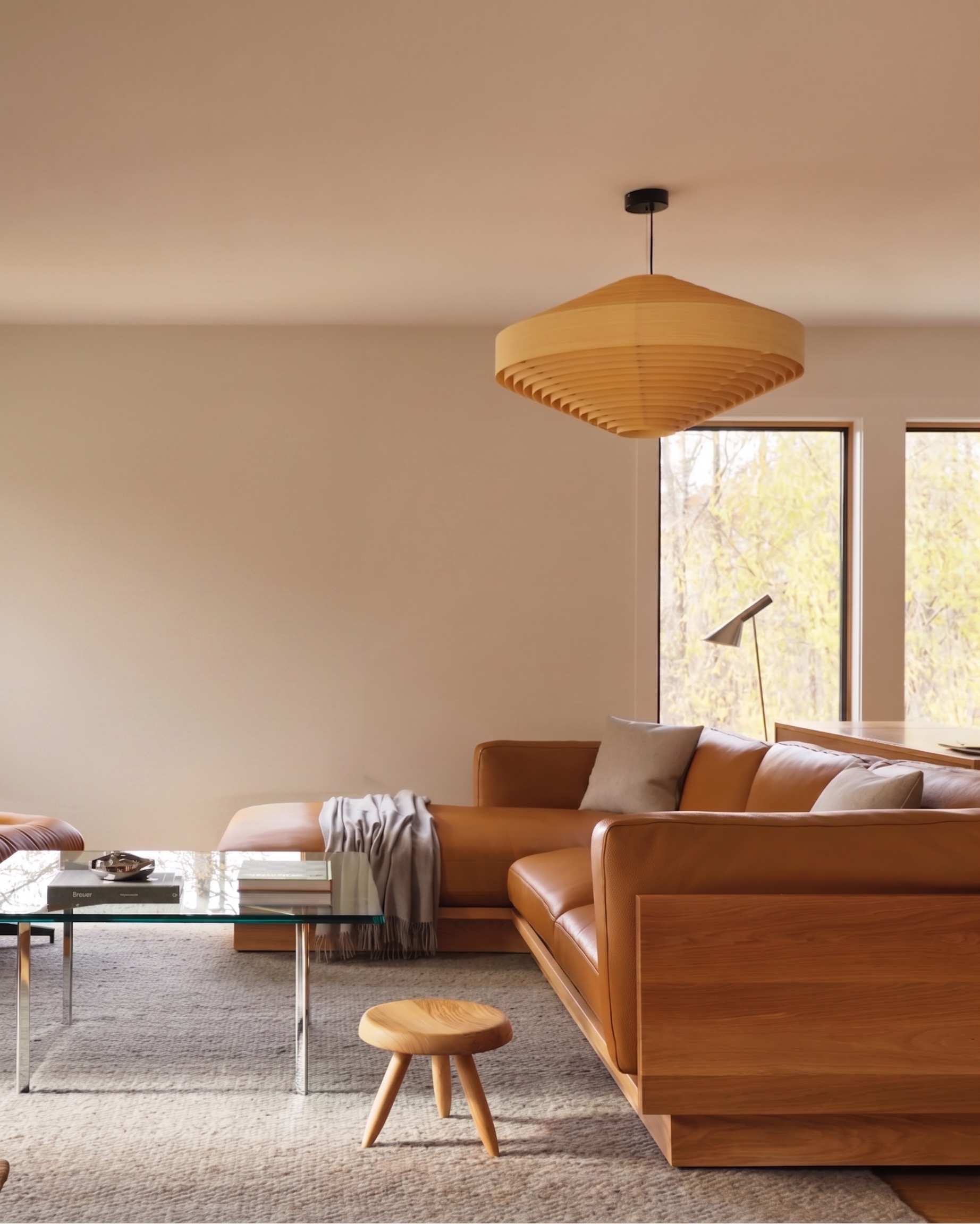 A living room with a wood pendant lamp, tan leather sectional and a stool, styled around a glass coffee table.