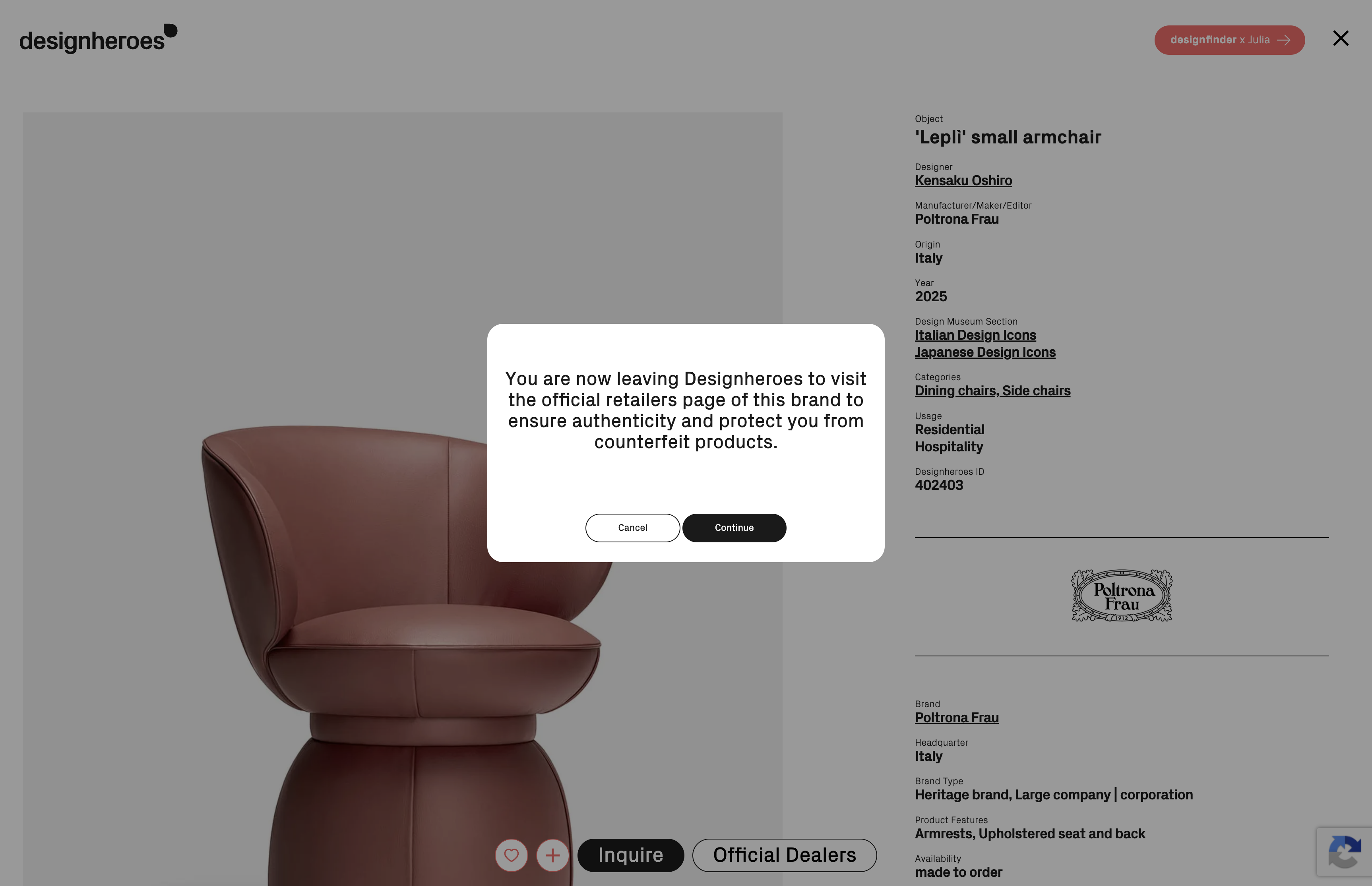 A Designheroes object page for the 'Leplì' small armchair by Kensaku Oshiro for Poltrona Frau, with a dialog warning the visitor they are leaving Designheroes for the brand's official retailers page to protect against counterfeit products.