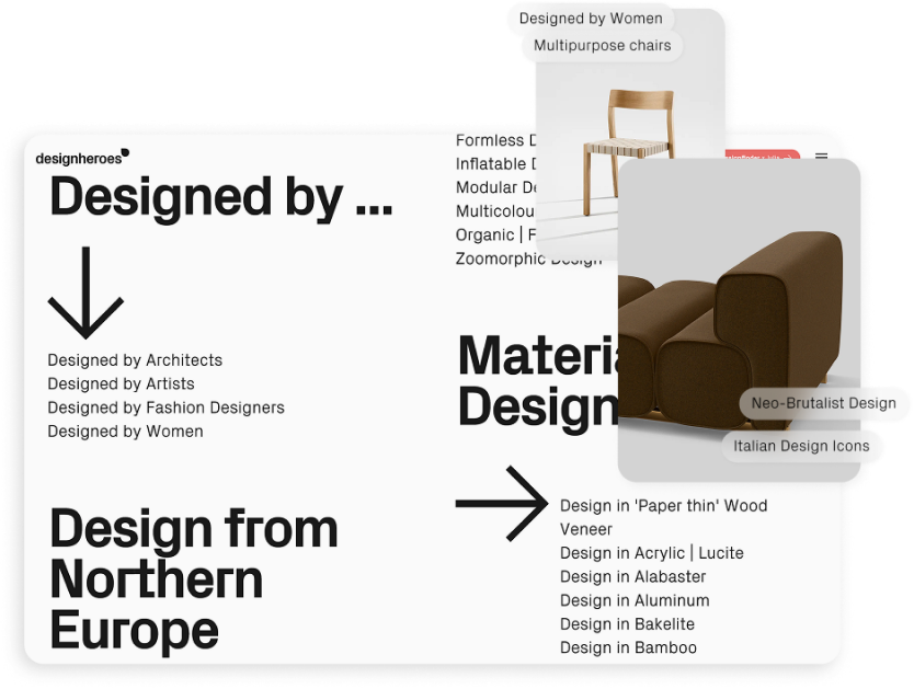 A collage of Designheroes pages: a &lsquo;Designed by Women&rsquo; museum theme, a Neo-Brutalist Italian design icon, and a browse-by-material index.