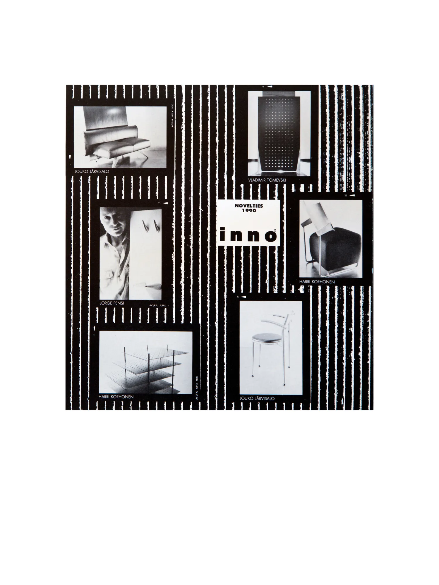 A grid of historical photographs and documents on a striped wall.
